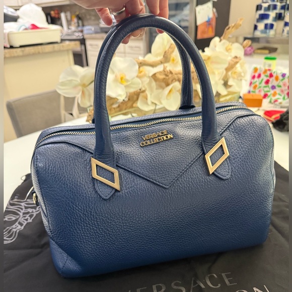 Versace Collection Vitello Handbag Blue Leather with Shoulder Strap and Dust Bag - Picture 1 of 12